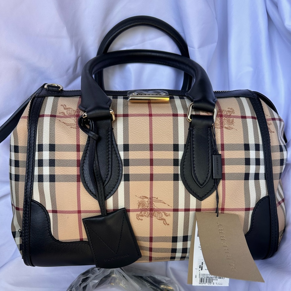 New Authentic Burberry Haymarket Colours Small Gladstone Tote Color: Black